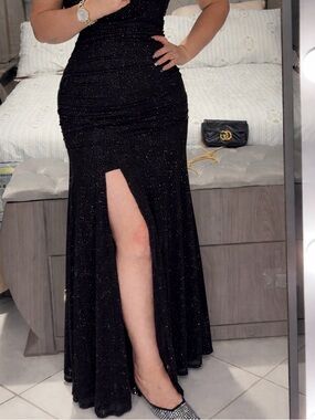 City Studios Black Ruched Maxi Dress with Front Slit